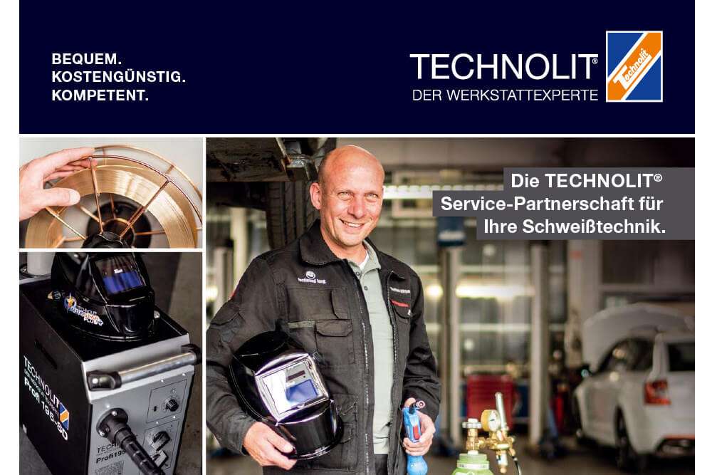 Ein Werbeplakat mit einem lächelnden Mann in Arbeitskleidung, der einen Schweißhelm hält, umgeben von Bildern von Schweißzubehör und einem Auto in einer Werkstatt.