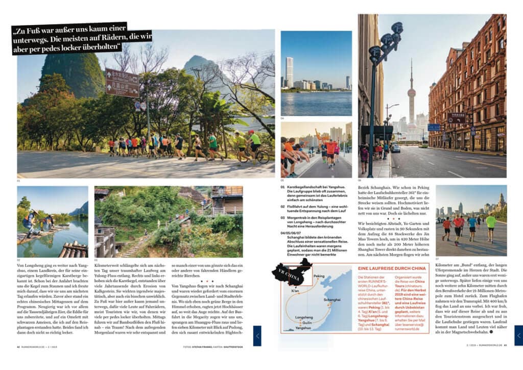 Eine Magazinseite mit mehreren Fotos von Läufern in einer Landschaft mit Karstbergen und in einer städtischen Umgebung in Shanghai sowie einer kleinen Landkarte von China.