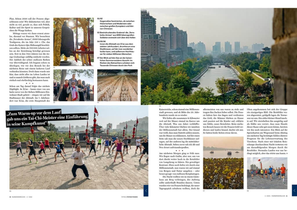 Eine Magazinseite mit mehreren Fotos, die eine Gruppenreise nach China dokumentieren, darunter eine Tai-Chi-Gruppe, eine Stadtansicht mit Fluss und historische Motive.