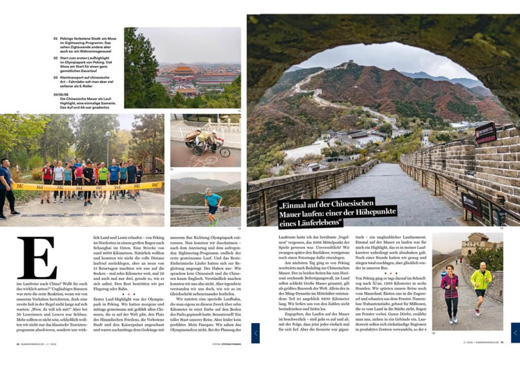 Eine Magazinseite mit mehreren Fotos von Läufern an der Chinesischen Mauer und in einem Park, ergänzt durch Textspalten.