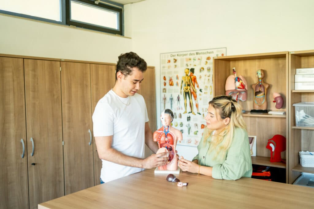 Ein Mann und eine Frau stehen an einem Tisch und betrachten gemeinsam ein anatomisches Modell eines menschlichen Torsos.