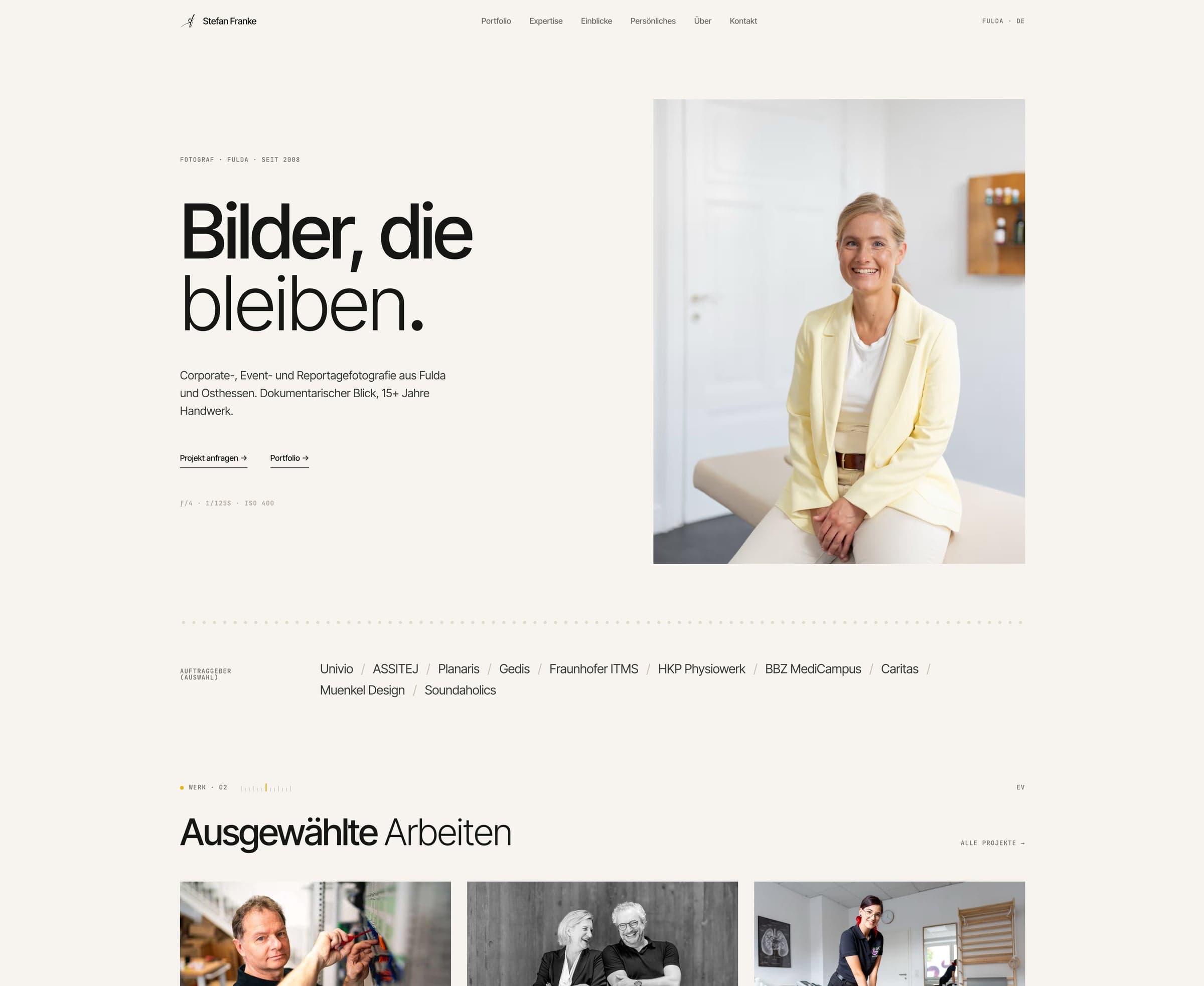Screenshot der Webseite des Fotografen Stefan Franke mit einer Überschrift, einem Porträtfoto und einer Übersicht ausgewählter Arbeiten.
