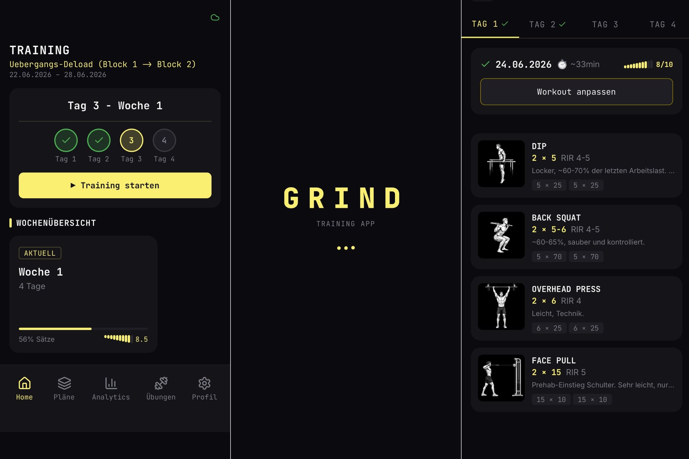Screenshot oder Aufnahme der selbstgebauten Trainings-App Grind, in der Sätze, Gewichte und Hold-Zeiten dokumentiert werden, ggf. Stefan mit dem Handy im Trainingsumfeld