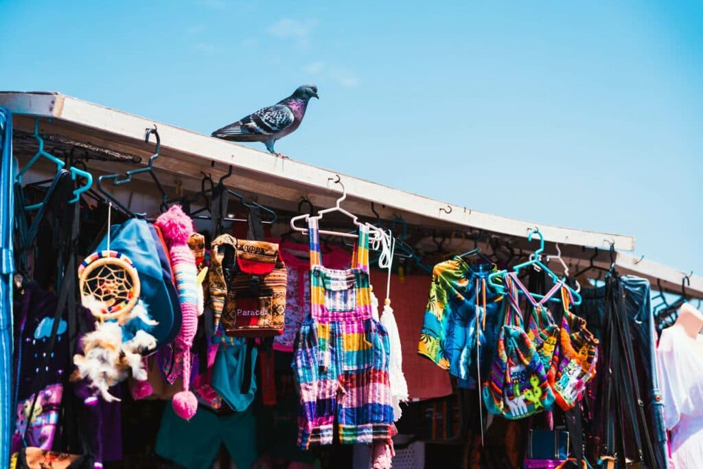 Eine Taube sitzt auf der Kante eines Marktstandes, an dem bunte Kleidung und Accessoires auf Kleiderbügeln unter einem blauen Himmel hängen.