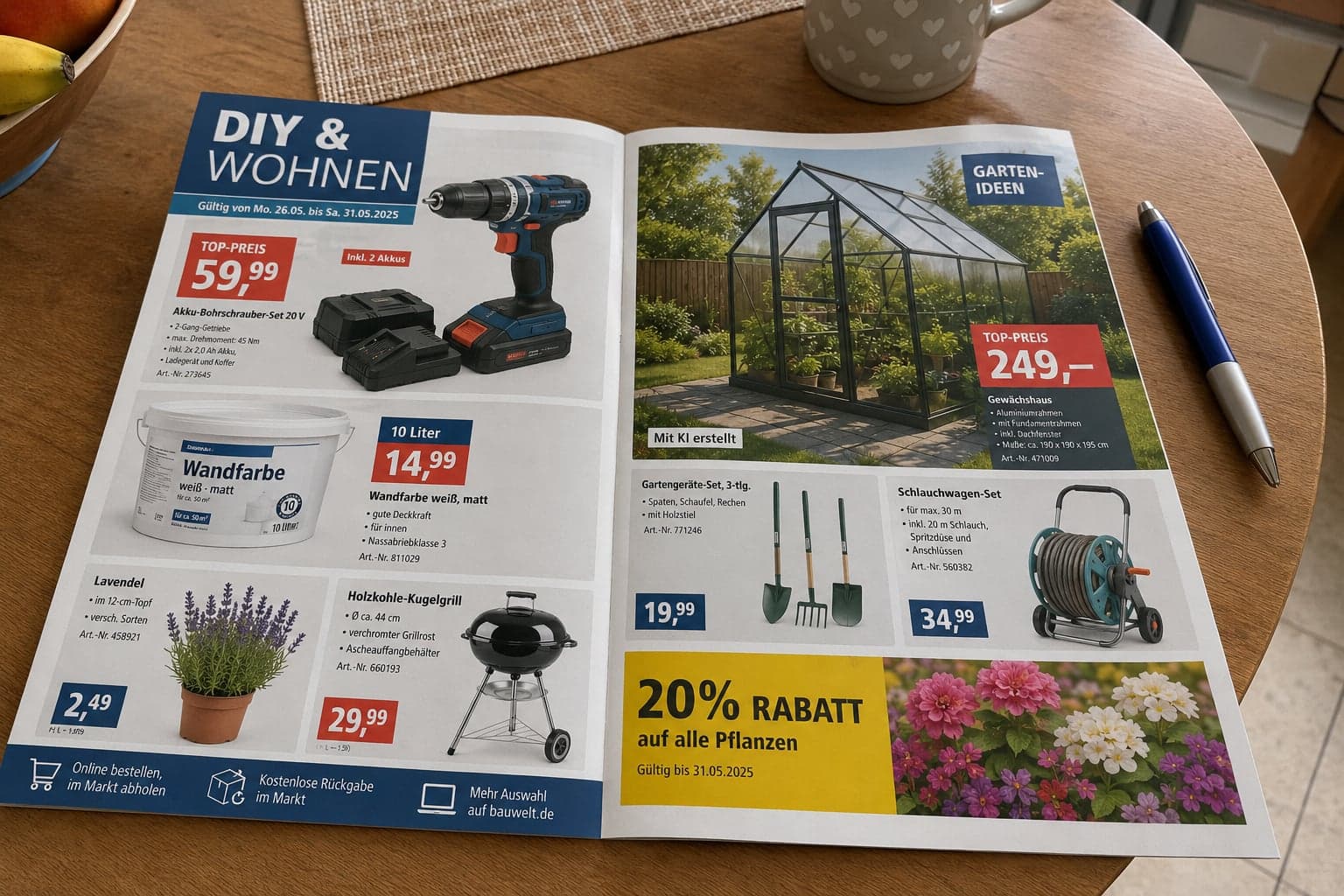 aufgeschlagene Seite eines Baumarkt- oder Lebensmittelprospekts mit sichtbarem KI-Kennzeichnungshinweis am Bild, abfotografiert auf dem Küchentisch, Alltagssituation