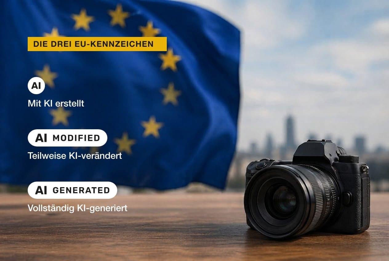Die drei offiziellen Kennzeichen der EU-Kommission für KI-Inhalte vor einer EU-Flagge: „Mit KI erstellt“, „Teilweise KI-verändert“ und „Vollständig KI-generiert“.