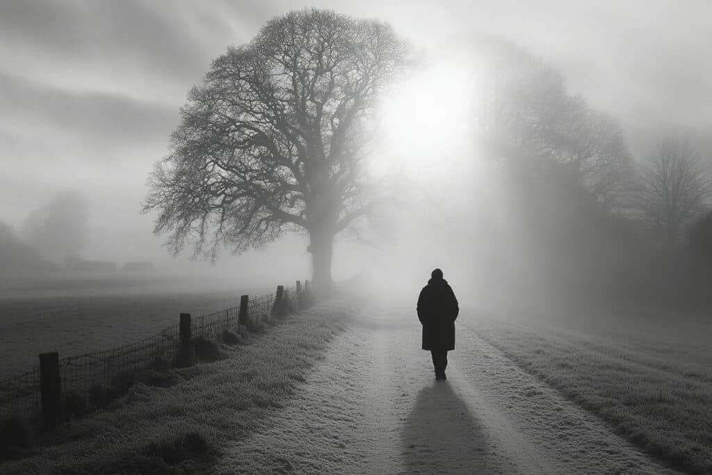 KI-generiertes Bild eines Fotografen, der einen langen Weg entlanggeht