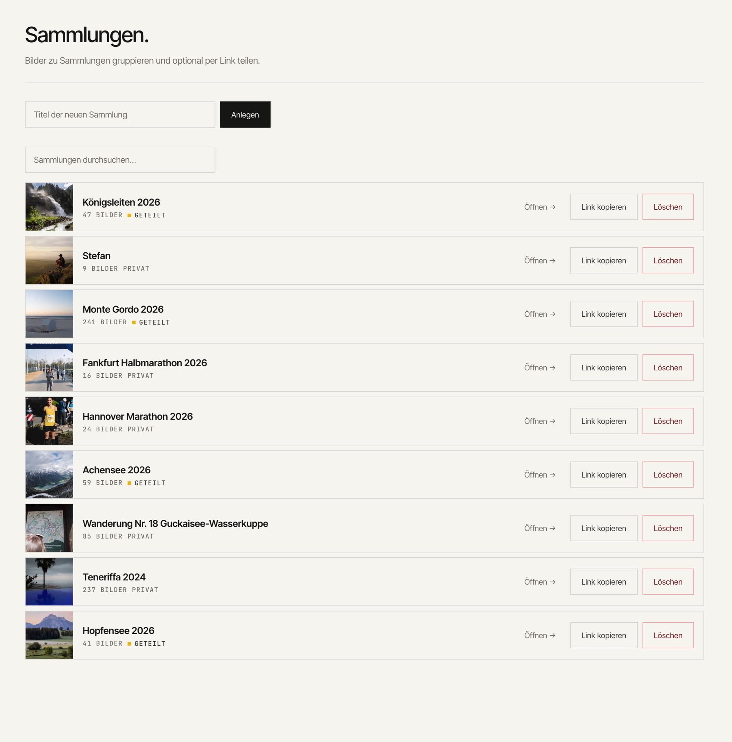 Screenshot aus dem Media Pool: Sammlungen-Bereich mit Galerie-Übersicht, eine geteilte Sammlung mit Link-Freigabe