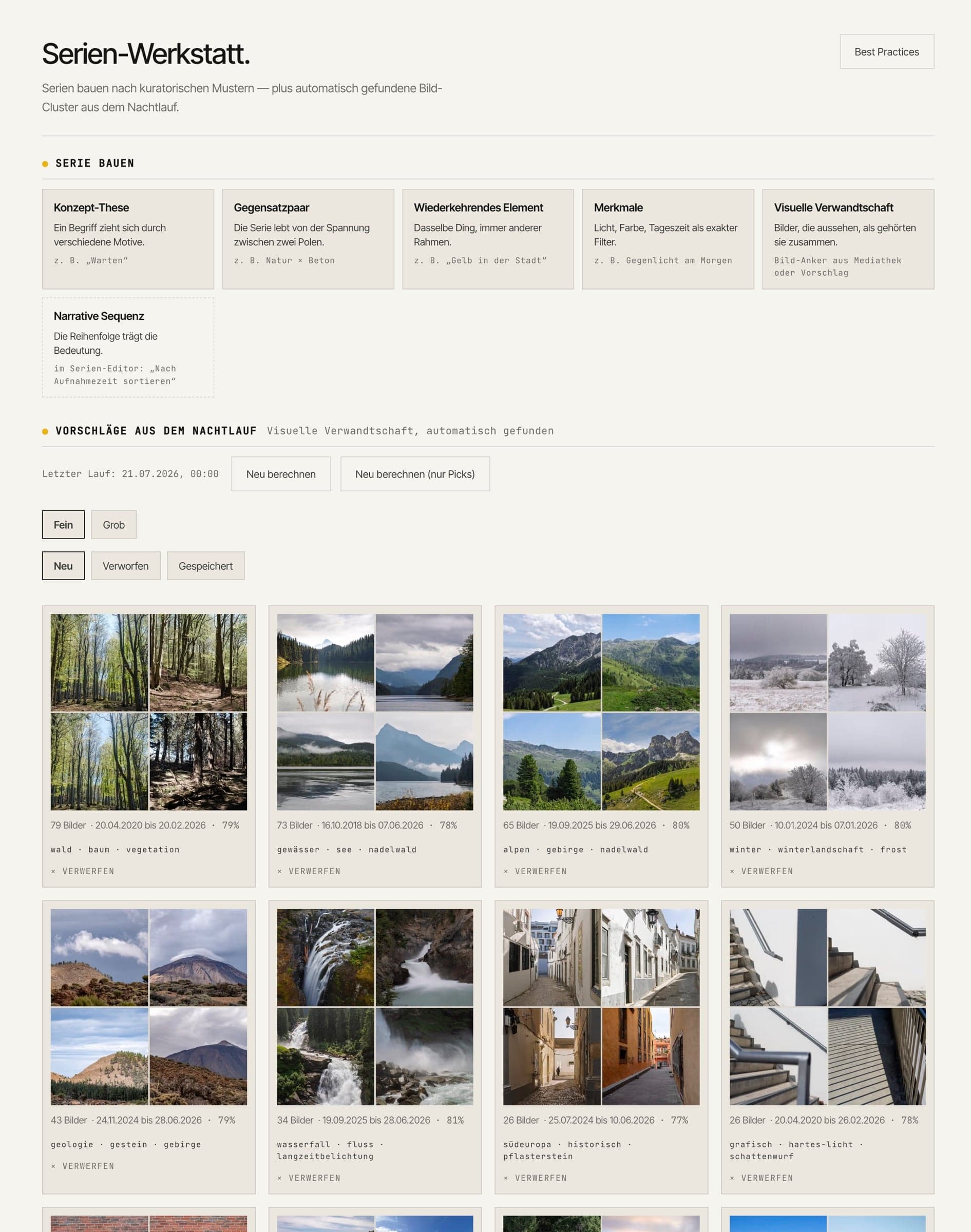 Screenshot aus dem Media Pool: Werkstatt-Einstieg mit den Serienarten Konzept-These, Gegensatzpaar, wiederkehrendes Element, Merkmale und visuelle Verwandtschaft