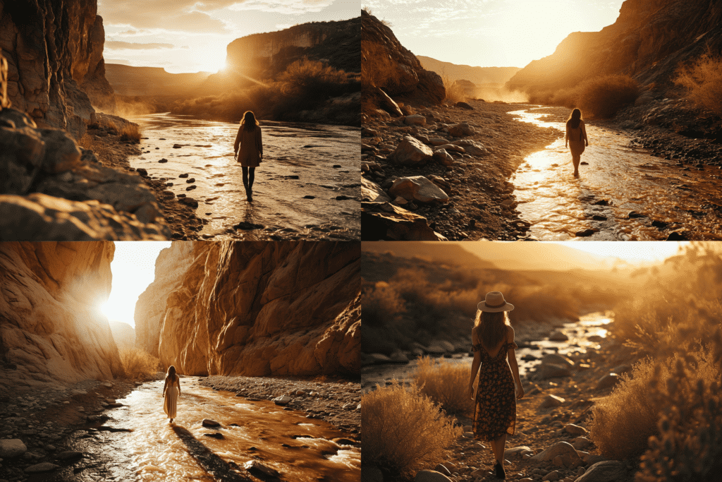 cinematic photography a woman in a desert river going t