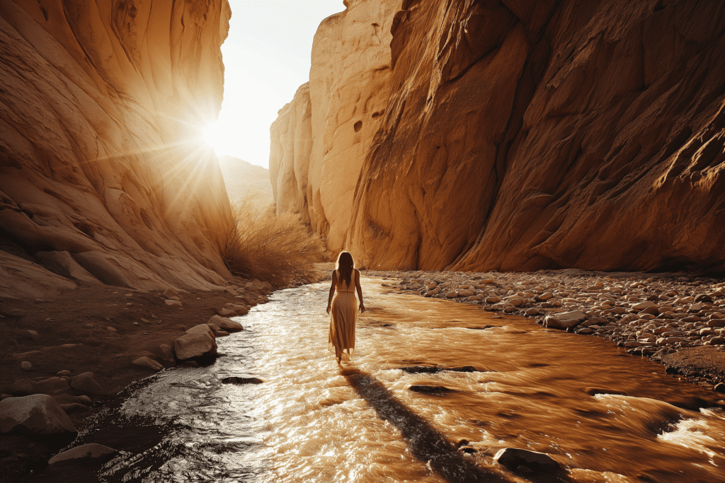 cinematic photography a woman in a desert river going t e85d7e71 b2c1 441e b5f4 d38579dfc868