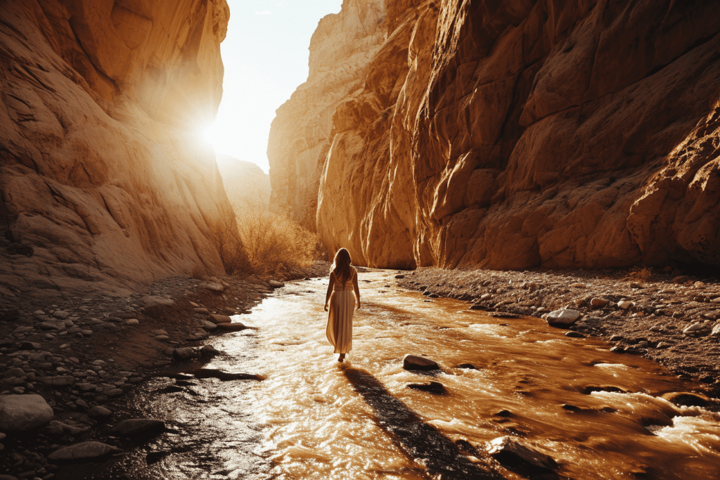 stan87. cinematic photography a woman in a desert river going t