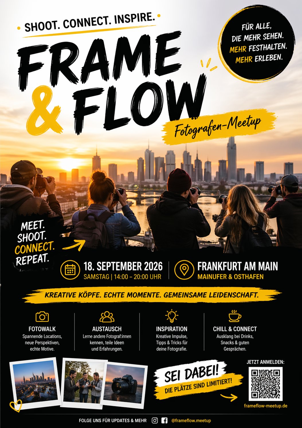 Frame & Flow Fotografen-Meetup: Kompletter DIN-A4-Flyer, one shot, alle deutschen Texte fehlerfrei