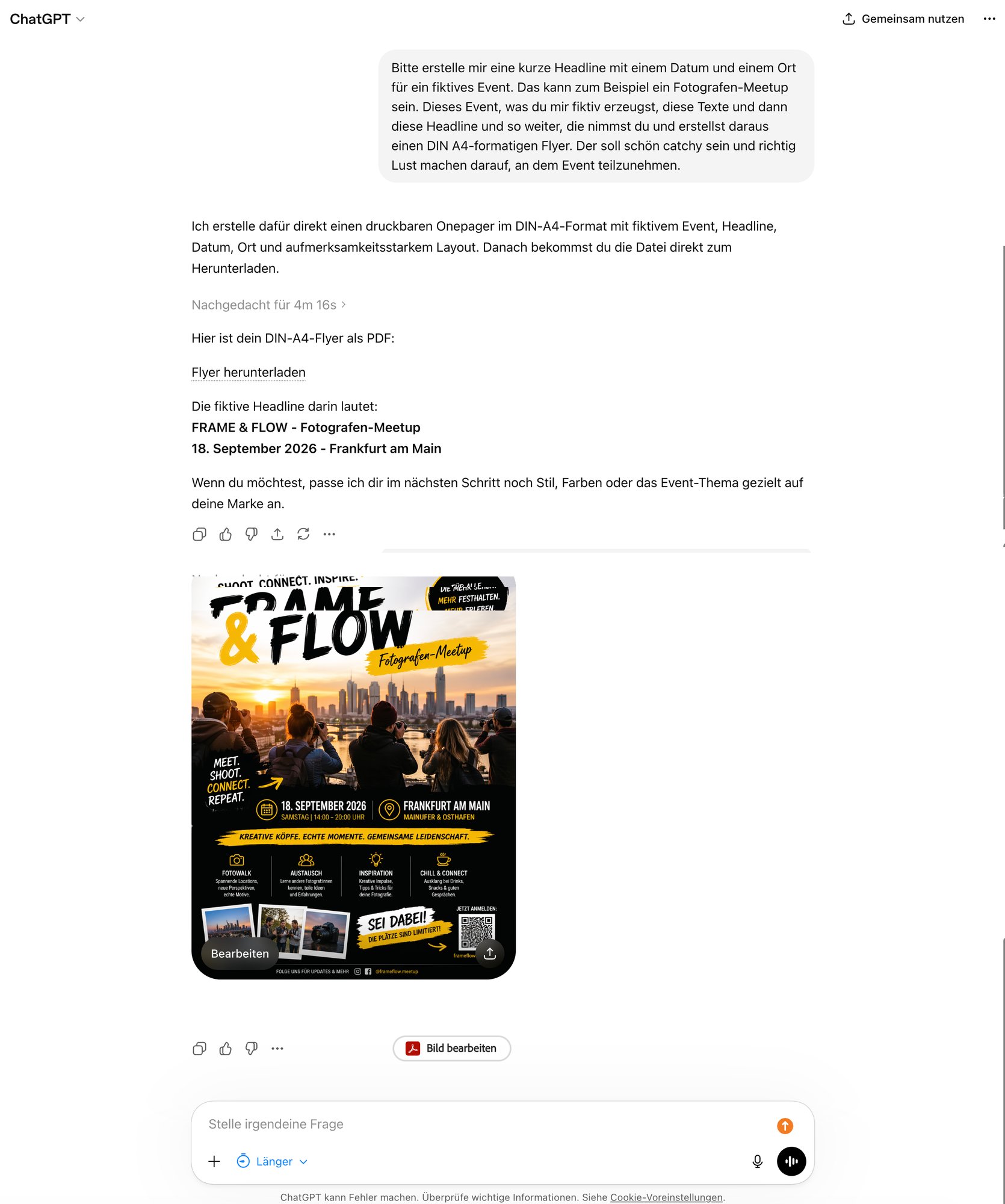 Der Prompt für den Event-Flyer — ChatGPT dachte über 4 Minuten nach