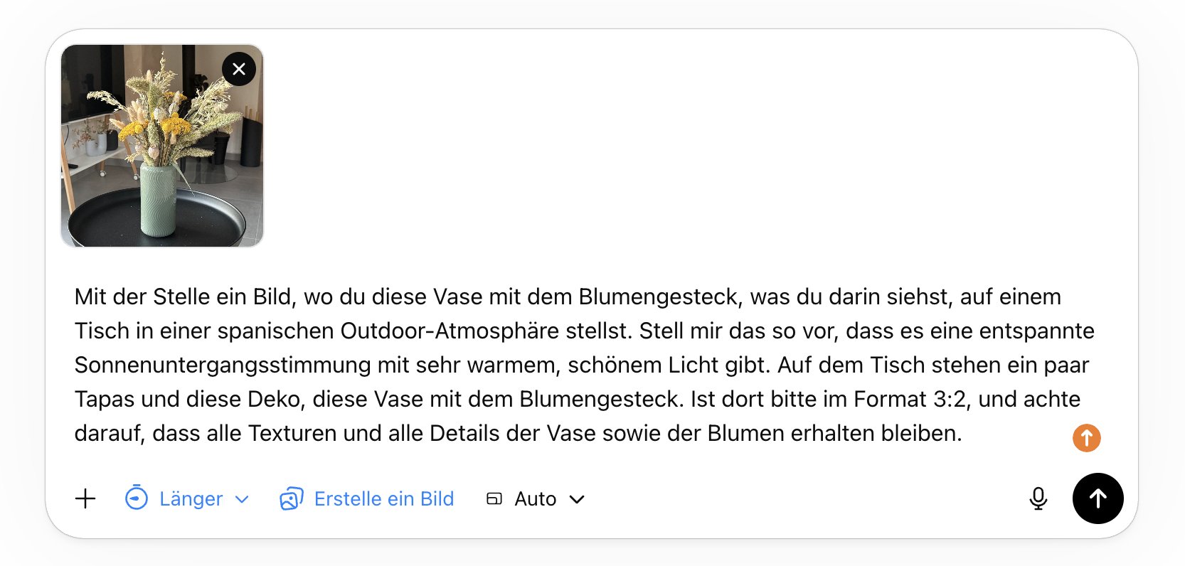 Der Prompt: Eigenes Foto der Vase hochgeladen, spanische Sonnenuntergangsatmosphäre angefragt